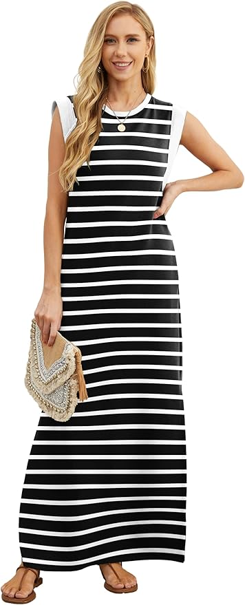 GRECERELLE 2026 Women Year-Round Casual Round Neck Loose Split Wrinkle-Free Long Maxi Vacation Dress with Pockets (XXS-4XL)