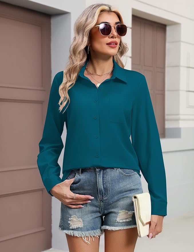 HOTOUCH Button Down Shirts for Women Long Sleeve Blouse Dressy Casual Business Work Tops with Pocket