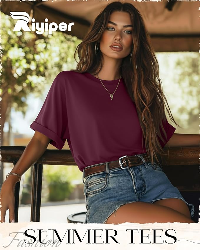Riyiper 3 Pack Women's Oversized T-Shirt Half Sleeve Summer Tees Casual Loose Fit Crew Neck Basic Tops