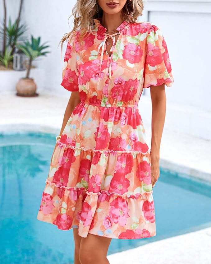 BTFBM Women Summer Floral Short Dresses V Neck Short Sleeve Tiered Ruffle Boho Swing Dress A-Line Mini Dresses