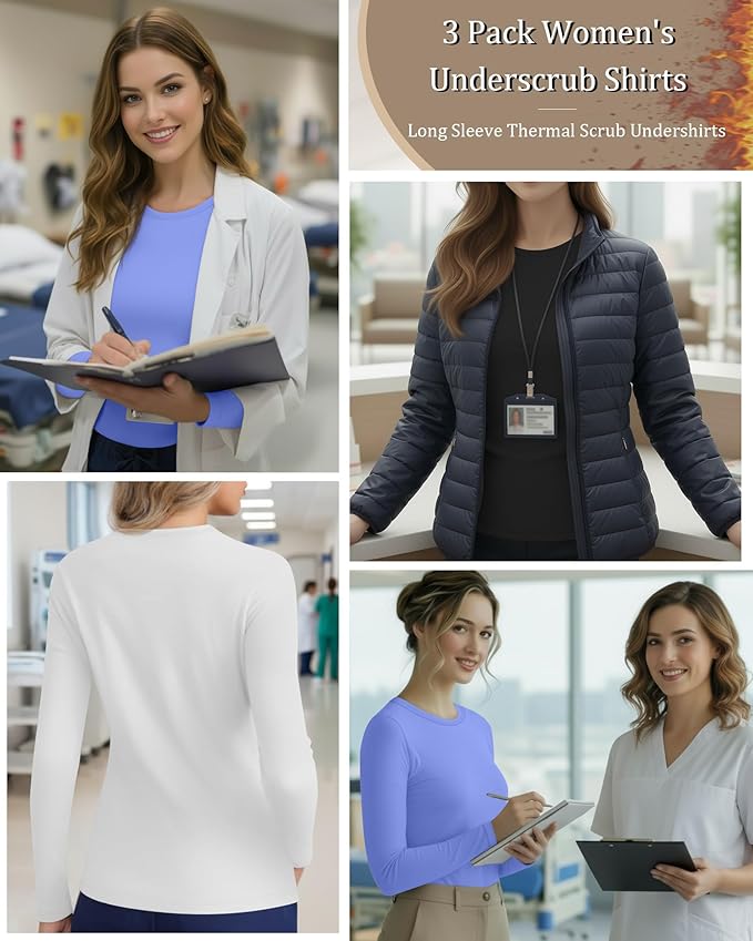 3 Pack Women's Underscrub Shirts Long Sleeve Thermal Scrub Undershirts Nurse Crew Neck Slim Fit Fleece Top Basic Tee