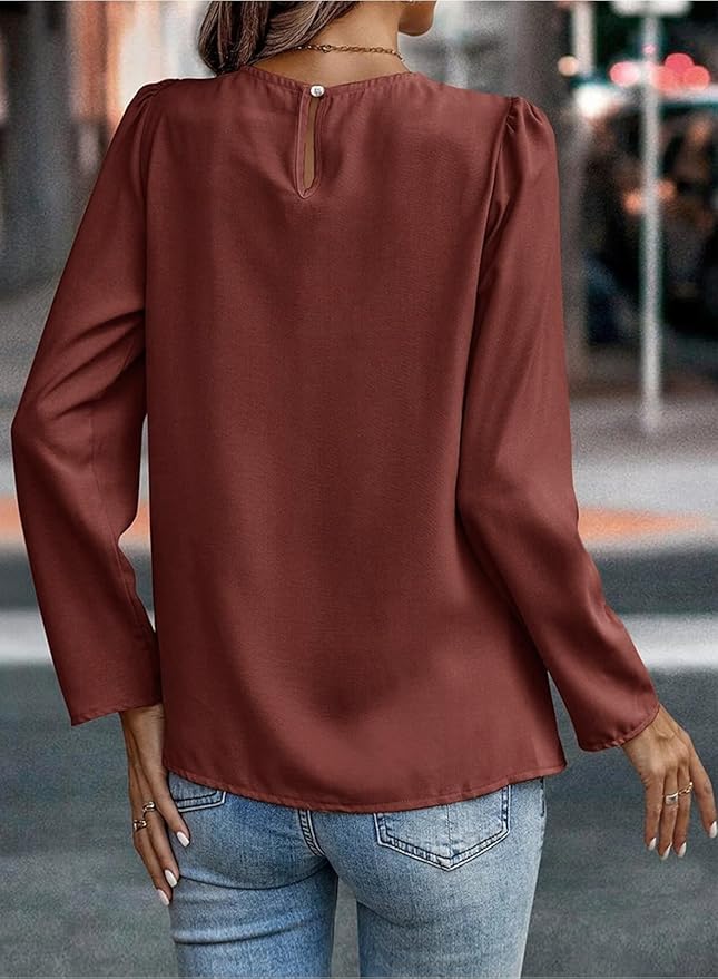 Samefar Womens Tops Dressy Casual Pleated Crew Neck Long Sleeve Shirts Office Work Chiffon Blouses
