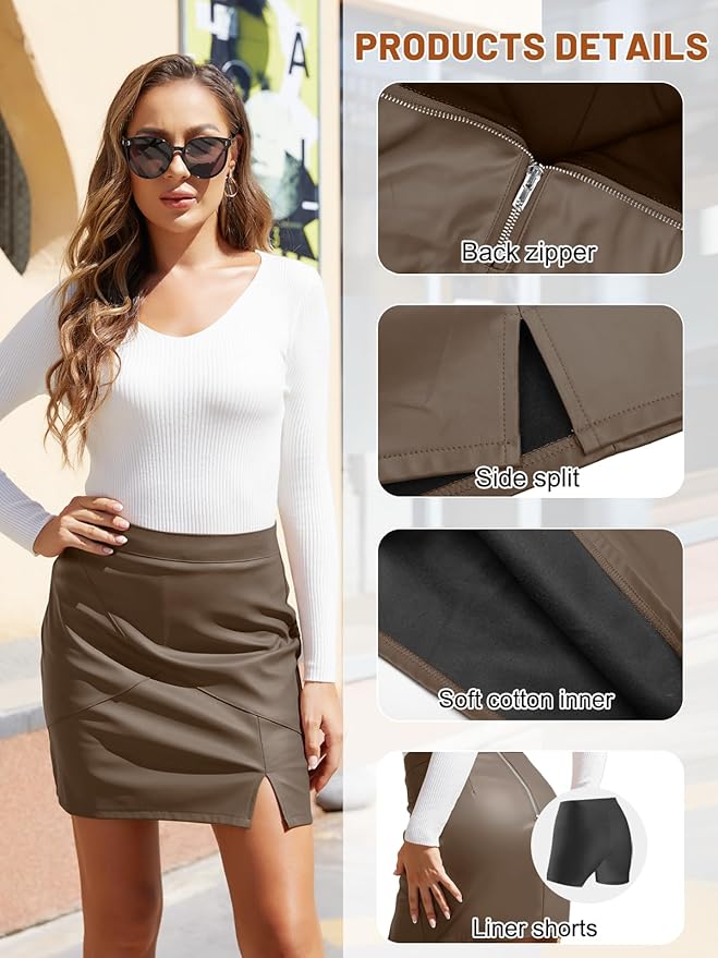 We1Fit Womens Fuax Leather Skirt High Waisted Bodycon Pencil Mini Skirts with Shorts
