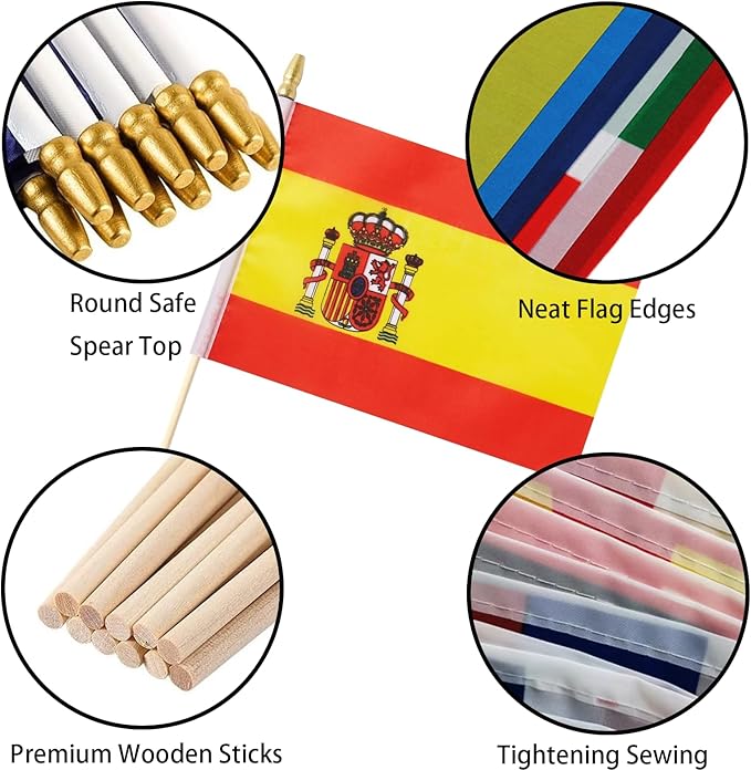 GSYLPFT 12 Pack Spanish Flags on Sticks Spain Small Mini Hand Held Flags for Office Classroom Holiday Party Decorations