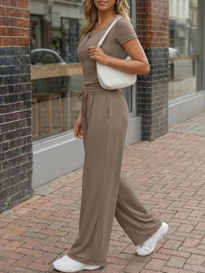 Trendy Queen Women's 2 Piece Matching Lounge Sets Summer Henley Neck Slightly Crop Top Wide Leg Pants Casual Sweat Suit