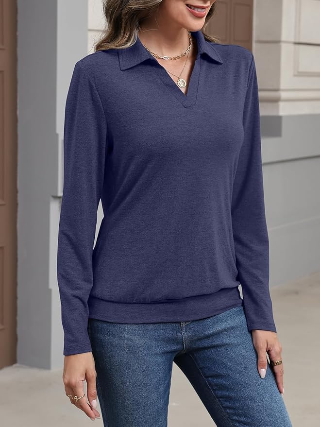 Womens Polo Shirts Long Sleeve Banded Bottom Tops Business Casual Tops Collared V Neck Blouses