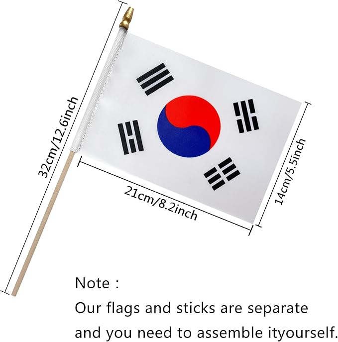 TSMD South Korea Stick Flag Korean Small Mini Hand Held Flags,5x8 Inch,12 Pack