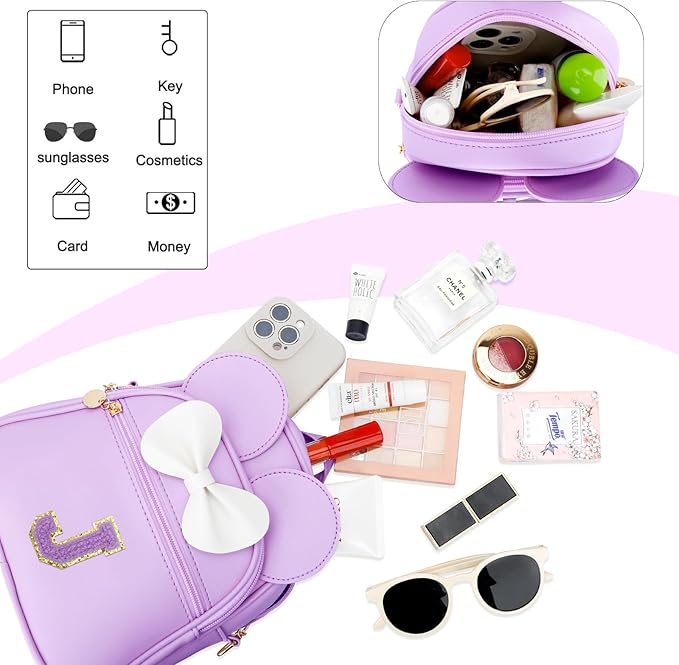KKXIU Girls Initial Bowknot Cute Mini Backpack for Toddler, Travel Small Girl Backpacks, Personalized Valentine's Day Gifts for Little Girls and Kids(J, Purple)