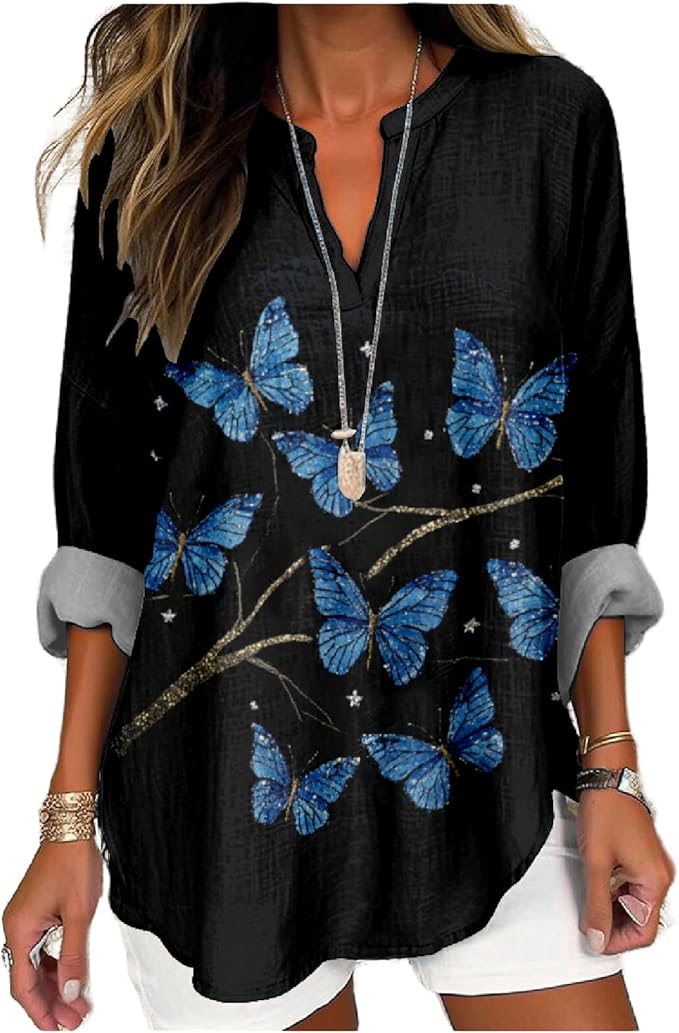 MARSVOVO V Neck Shirt For Women Boho Multi Style Blouse Long Sleeve Novelty Graphic Plus Size Pullover Tops For Women