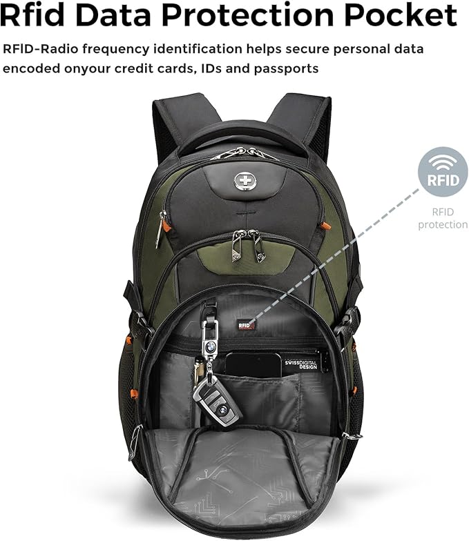 Swissdigital Design Laptop Backpack with USB Charging Port, Travel Backpack Fits 15.6 inches Computer, 31L College School Backpack for Men, Olive/Black | SD803-26