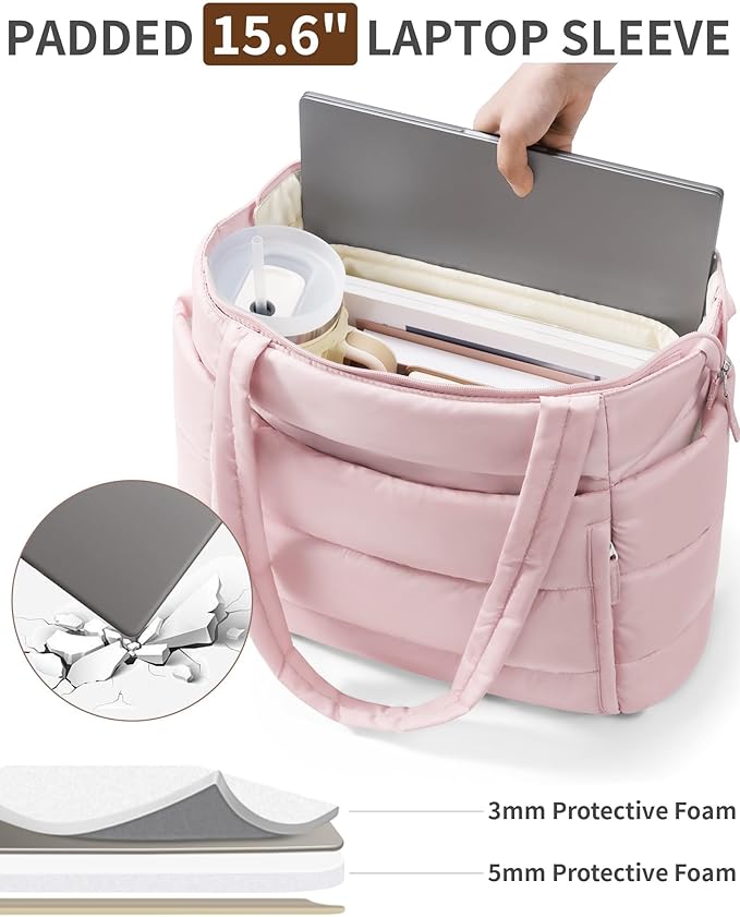 Puffer Tote Bag for Women, Lightweight Puffy Work Handbag Teacher Nurse Quilted Shoulder Bag for School Travel Gym | Quilted, with Zipper, Daily Carry On Bags, Comfy College Bags, 15.6" Laptop Sleeve, Cup Holder Pocket, Portable, Spacious