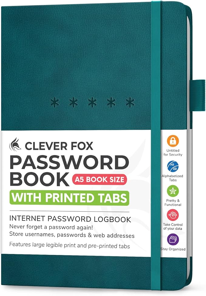 Clever Fox Password Book Medium – Internet Address & Password Journal Organizer – Computer & Website Log-In Keeper Notebook (Dark Teal)