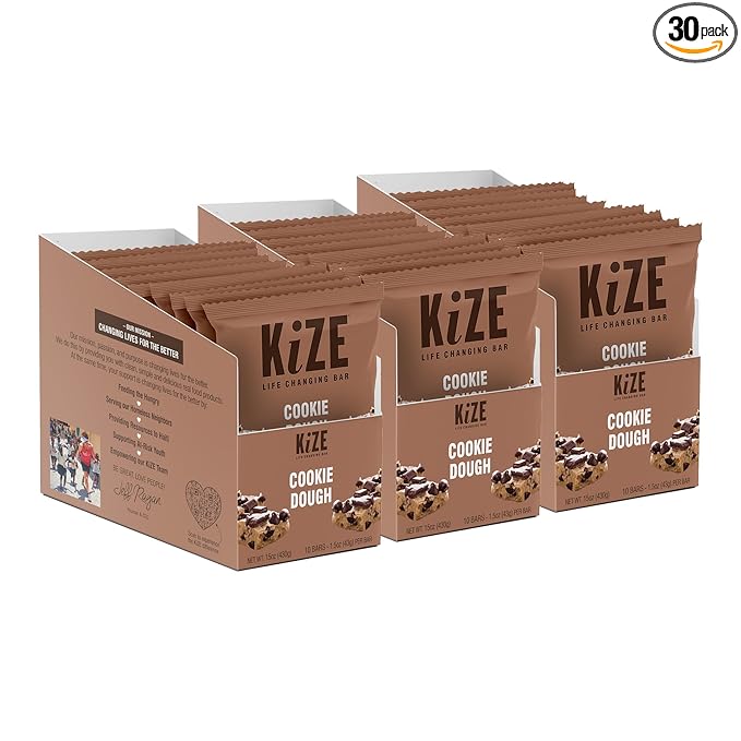 KiZE Energy Bars - Cookie Dough - 30-Count - Gluten Free, Dairy Free, Non-GMO, and High Protein Meal Replacement Energy Bars, Clean and Simple Food Ingredients - 10g High Protein Snacks (30 Count)