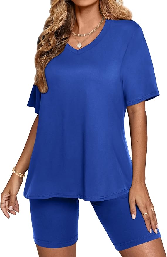 AGSEEM Two Piece Outfits For Women Summer V Neck T-Shirt Tops Biker Shorts Workout Sports Tracksuit