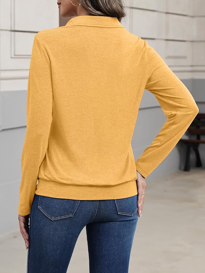 Womens Polo Shirts Long Sleeve Banded Bottom Tops Business Casual Tops Collared V Neck Blouses