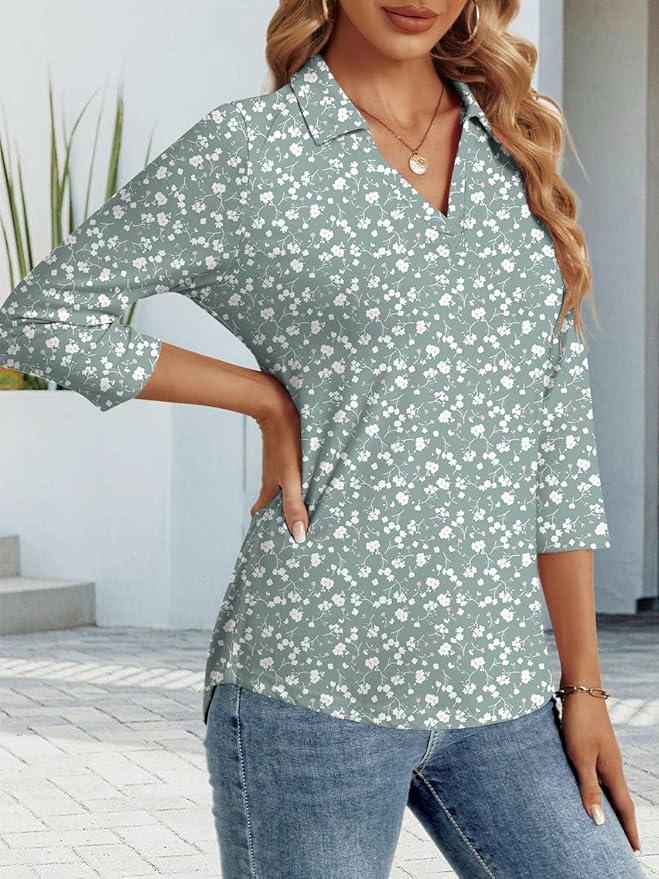 3/4 Length Sleeve Womens Tops Dressy Casual V Neck Polo Shirts Business Work Blouses 2025 Trendy Tunic Top