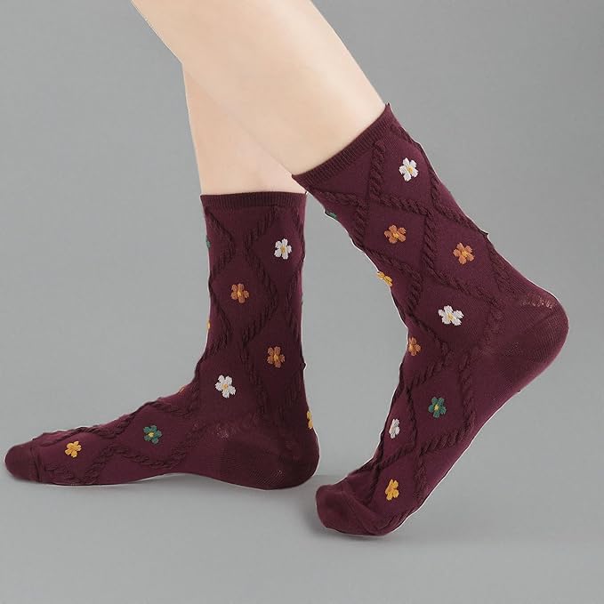 Kikiya Women's Cotton Crew Socks - Cute Flower Graphic Polka Dot Striped Heart Patterned - Ladies Girls Casual Socks Size 6-8