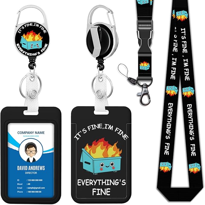 Blue Dumpster on Fire Badge Reels Retractable Heavy Duty, Funny ID Badge Holder with Detachable Lanyard, Carabiner Belt Clip, I'm Fine It`s Fine Everything is Fine