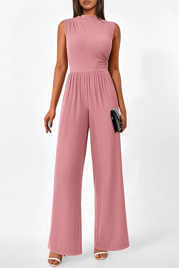 PRETTYGARDEN Womens Summer Jumpsuits Dressy Casual One Piece Outfits Sleeveless Mock Neck Wide Leg Pants Rompers with Pockets
