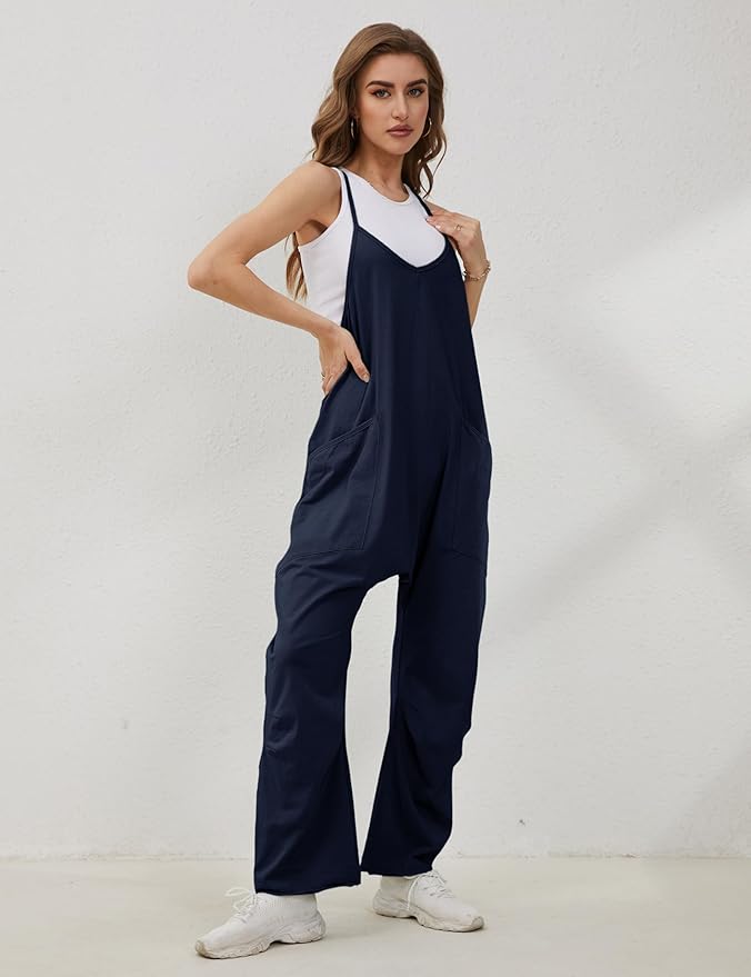 Lentta Women's Causal Jumpsuits V Neck Sleeveless Harem Overalls Stretchy Adjustable Strap Romper with Pockets