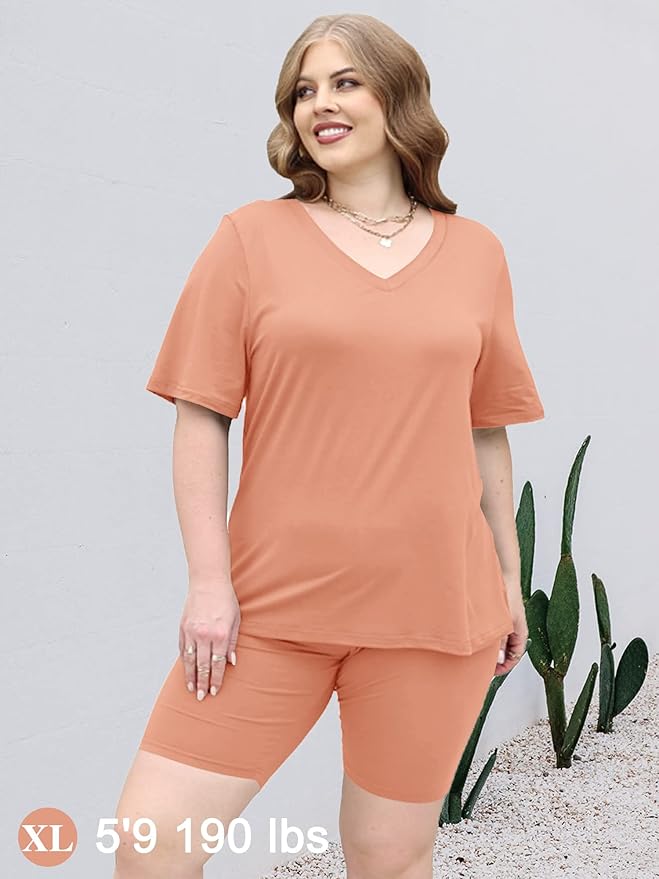 AGSEEM Two Piece Outfits For Women Summer V Neck T-Shirt Tops Biker Shorts Workout Sports Tracksuit