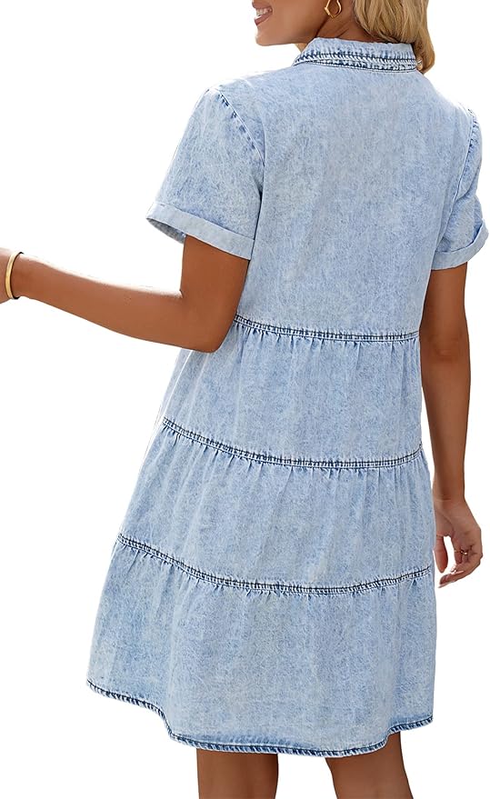 LookbookStore Women's Short Sleeve Button Down Flowy Tiered Babydoll Denim Dress
