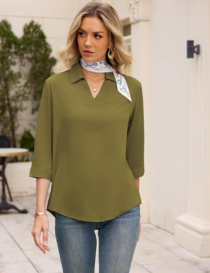 LOMON Womens 3/4 Sleeve Tops V Neck Cotton Linen Work Blouse Polo Shirts for Women Business Casual 2026