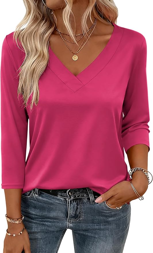 Zeagoo 3/4 Length Sleeve Womens Tops V Neck Shirt Dressy Casual Blouse Basic Tshirts 2026 Fashion Clothing S-2XL