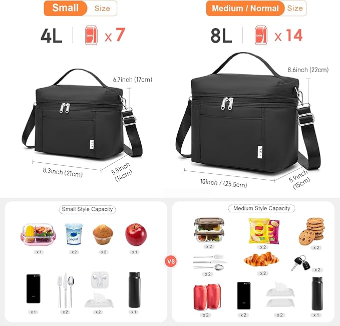 NOL Natural Organic Lifestyle Small Insulated Lunch Bags for Women Cooler Bag Lightweight Nylon Waterproof Lunch Box For Work（Small，Black）