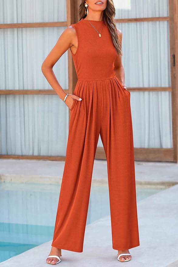 PRETTYGARDEN Womens Summer Jumpsuits Dressy Casual One Piece Outfits Sleeveless Mock Neck Wide Leg Pants Rompers with Pockets