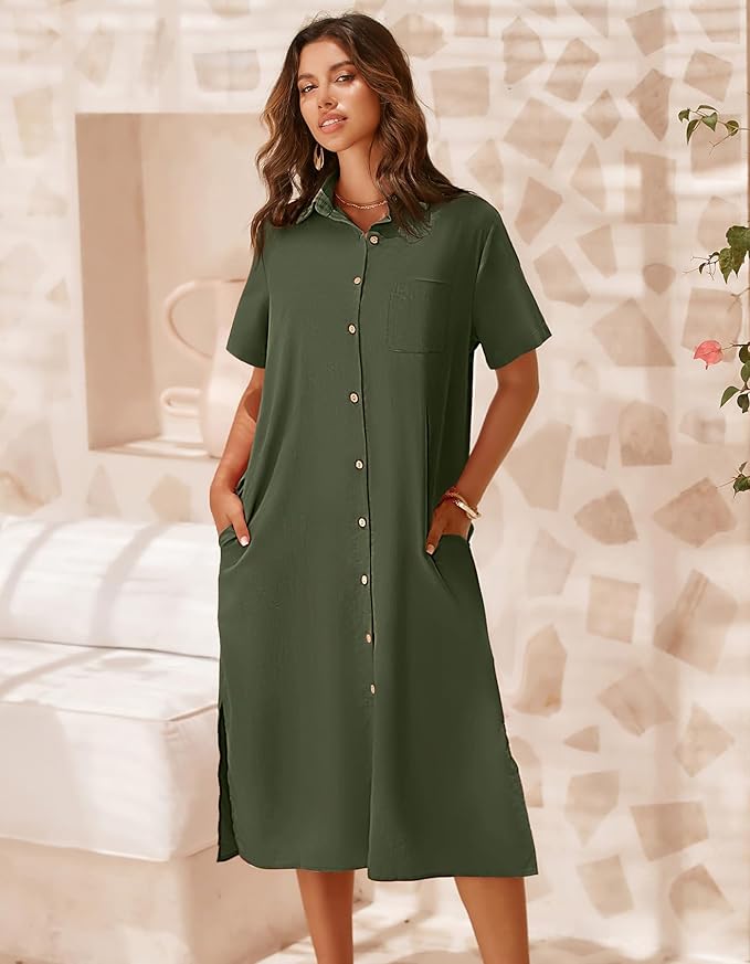 Zeagoo Women Dresses Summer Casual Short Sleeve Button Down Shirt Dresses 2025 Beach Cover Up with Pockets