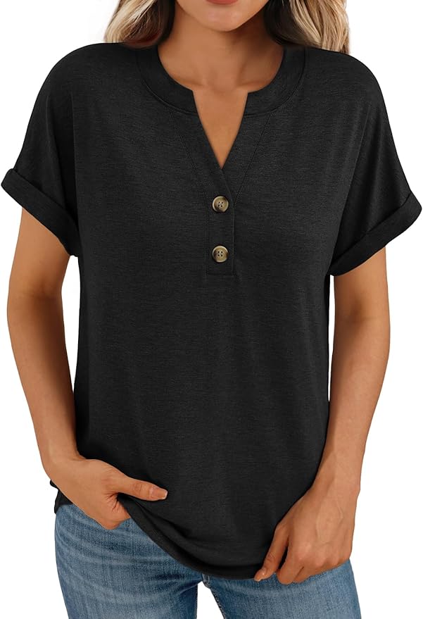 AUTOMET Women's Short Sleeve Shirts Henley Dressy Casual Summer Tops 2026 Spring Fashion Trendy Cute T-Shirts