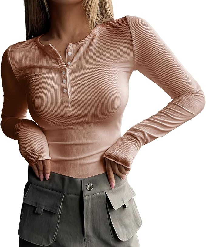 MARSVOVO Fashion Crop Tops for Women Scoop Neck Button Comfy Ribbed Slim Fit Cute Shirts Casual Party Fall Tops