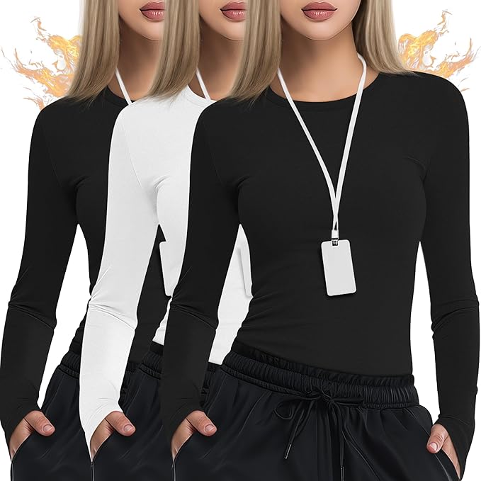 3 Pack Women's Underscrub Shirts Long Sleeve Thermal Scrub Undershirts Nurse Crew Neck Slim Fit Fleece Top Basic Tee