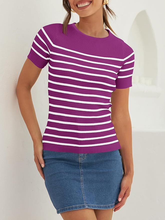 ZESICA Women's Short Sleeve Crewneck Striped T Shirt 2026 Summer Ribbed Knit Slim Fit Casual Basic Tee Tops
