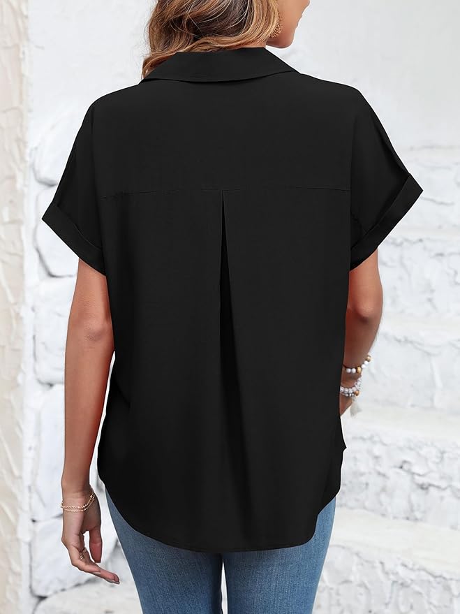 Womens Button Down Shirt Casual Short Sleeve Collared Work Blouse with Pocket