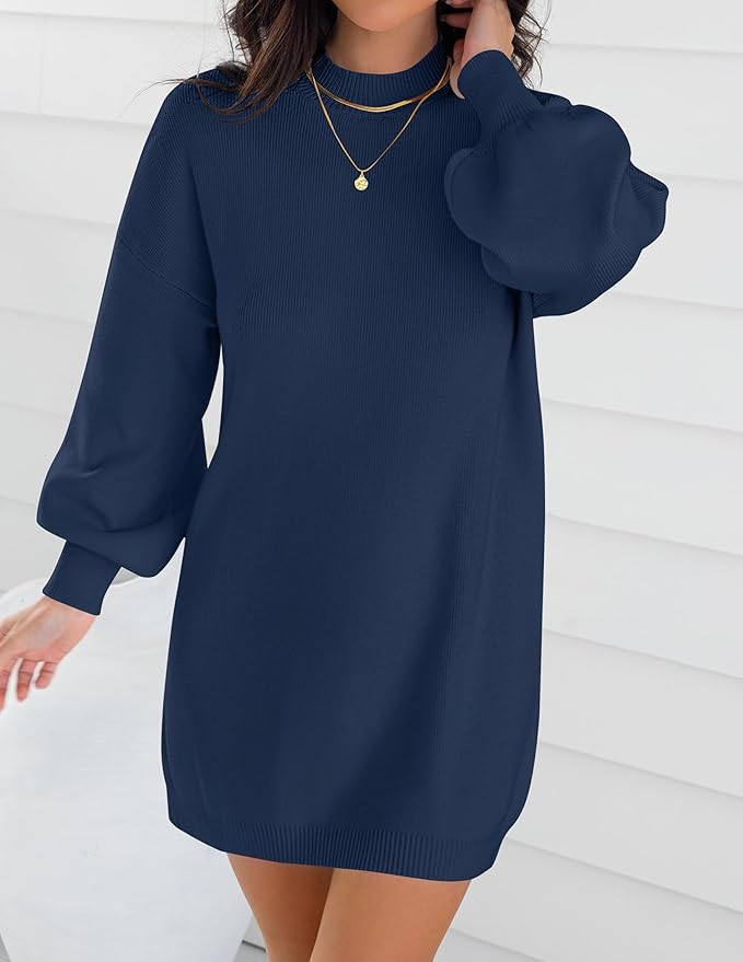 ZESICA Women's 2026 Fall Turtleneck Sweater Dress Oversized Long Lantern Sleeve Casual Knit Pullover Mini Dresses
