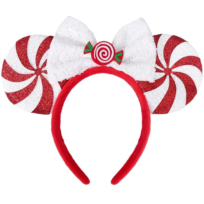 ETLUK Christmas Ears for Women Adult Kids, Peppermint Candy White Red, Glitter Park Ears Christmas Headband for Christmas Party Gathering Cosplay Costumes Accessories