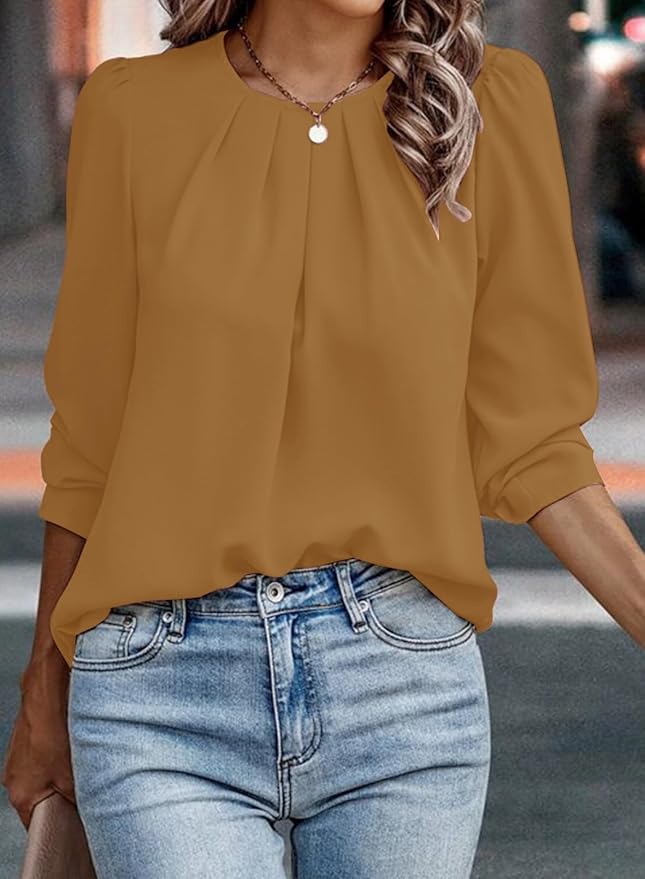 Samefar Womens Tops Dressy Casual Pleated Crew Neck Long Sleeve Shirts Office Work Chiffon Blouses