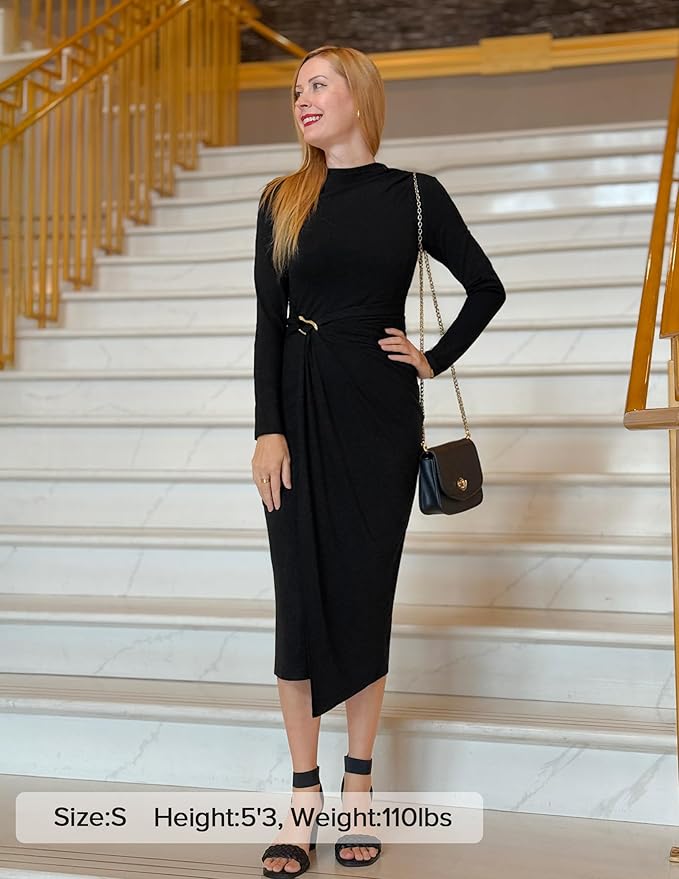 ZESICA Women's 2026 Spring Long Sleeve Bodycon Dress Mock Neck Wedding Guest Cocktail Party Long Midi Dresses