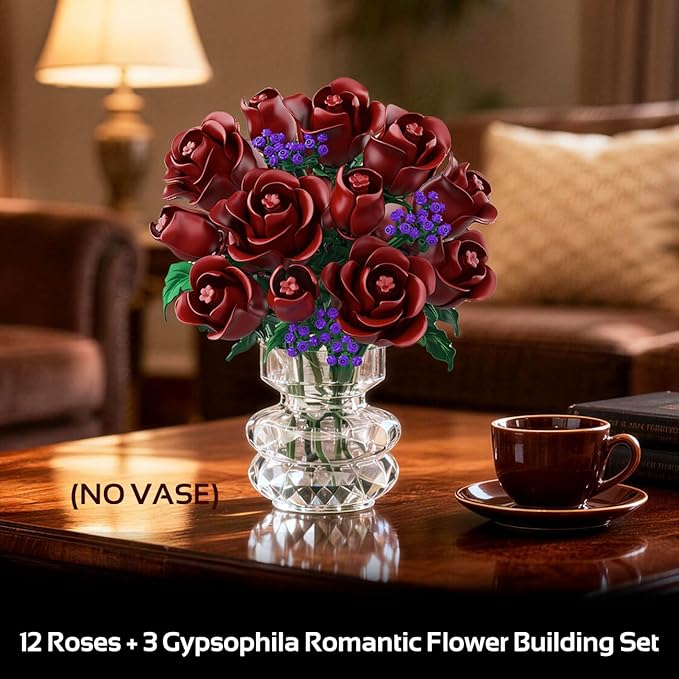 HOGOKIDS Flowers Bouquet Building Set - 15 Burgundy Roses Valentine's Day Gfit for Her, 330PCS Deep Red Rose Botanical Collection Building Blocks Artificial Flower Home Office Decor for Adults Kids 8+