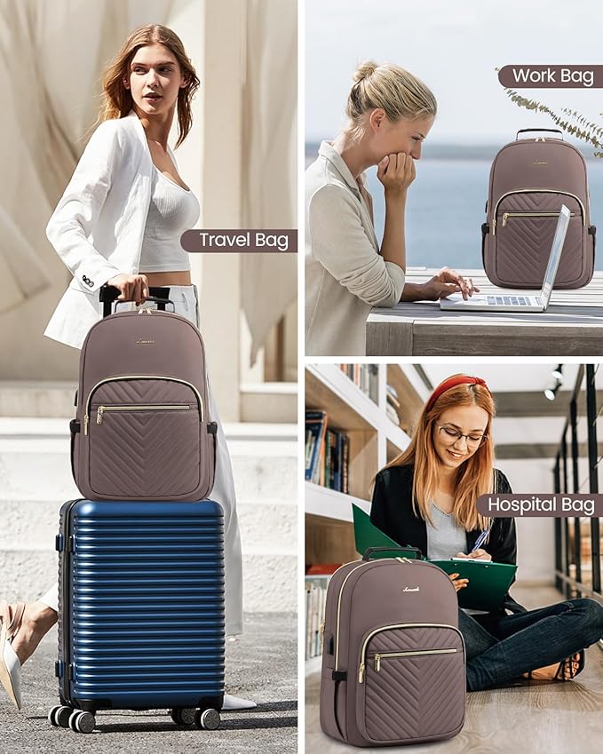 LOVEVOOK Laptop Backpack for Women, Large Capacity Travel Computer Work Bag with 17-inch Laptop Compartment, Business Nurse Backpack Purse, Hiking Outdoor Carry On Backpack, Brown