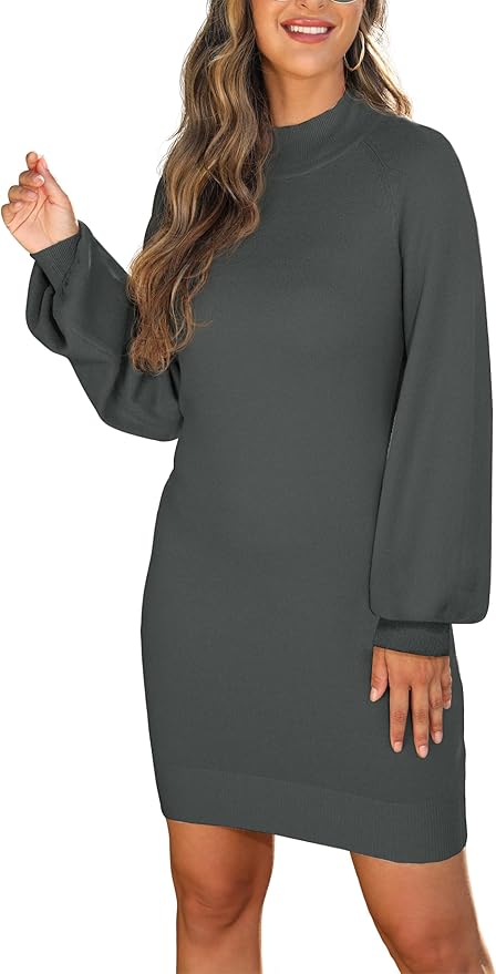 GRECERELLE 2026 Women's Mock Neck Ribbed Long Sleeve Bodycon Pullover Cute Mini Sweater Dress (XS-2XL)