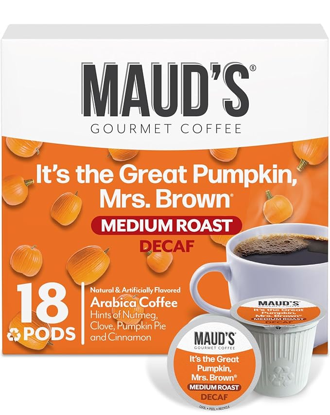 Maud's Decaf Pumpkin Spice Flavored Coffee Pods, 18 ct, Medium Roast Flavored Coffee in Recyclable Single Serve Pods – 100% Arabica Beans, Compatible with Keurig K Cups Maker