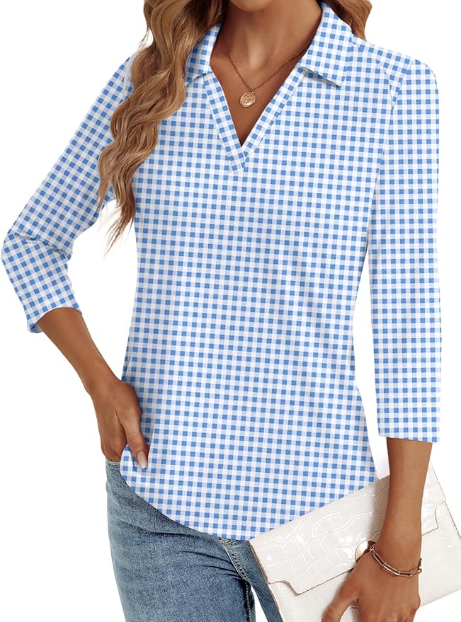 3/4 Length Sleeve Womens Tops Dressy Casual V Neck Polo Shirts Business Work Blouses 2025 Trendy Tunic Top