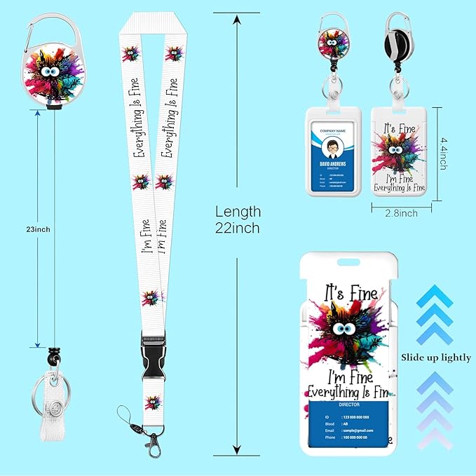ID Badge Holder Funny Black Cat Badge Reel Retractable Heavy Duty Detachable Name Tag Clips Color Cute Cat Lanyard Reel I'm Fine Everything is Fine Lanyards for Badges Kids Nurse Teacher Office Gifts