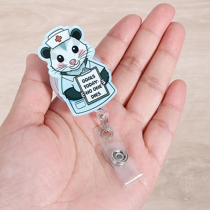 Goals Today: No One Dies Opossum Funny Nurse Badge Reel, Cute Retractable ID Medical Work Badge Holder, Name Tag Badge Buddy for RN MA PCA CNS Critical Care Nurse ED CCM Onc NICU ICU Student Doctor
