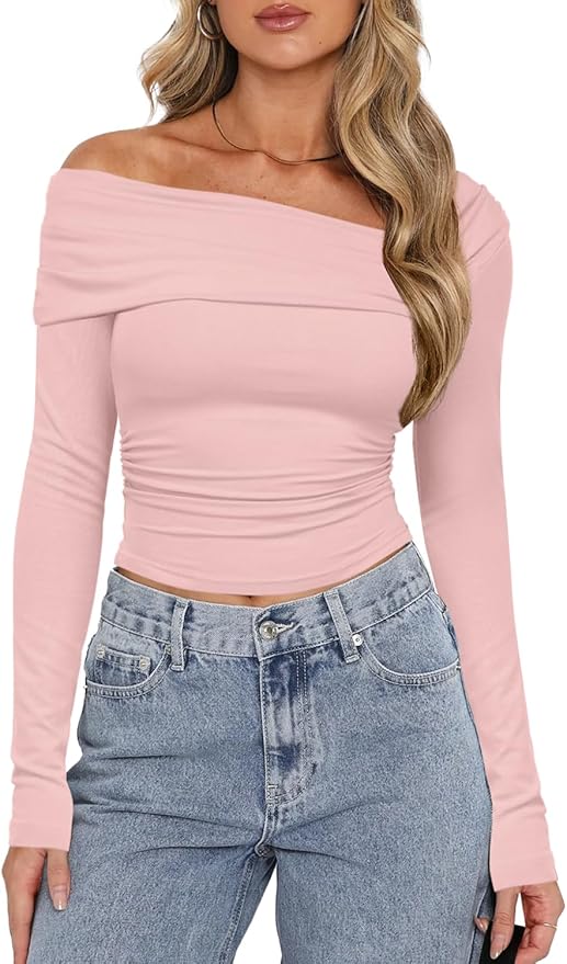 Darong Women's Off Shoulder Tops Y2K Shirt Slim Fit Ruched Crop Top Long Sleeves Spring Fall Blouse Going Out Shirt