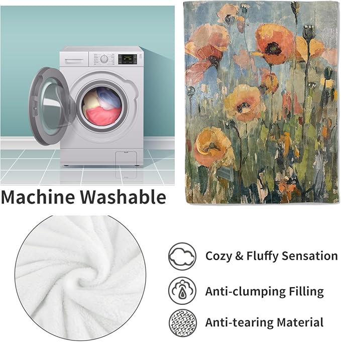 Abstract Poppy Field Painting Blanket, Vintage Floral Flannel Throw Blankets,Soft Warm Lightweight Cozy Plush Throws for Bedroom Sofa Office Home Decor Gifts for Women Girls 80"x60"
