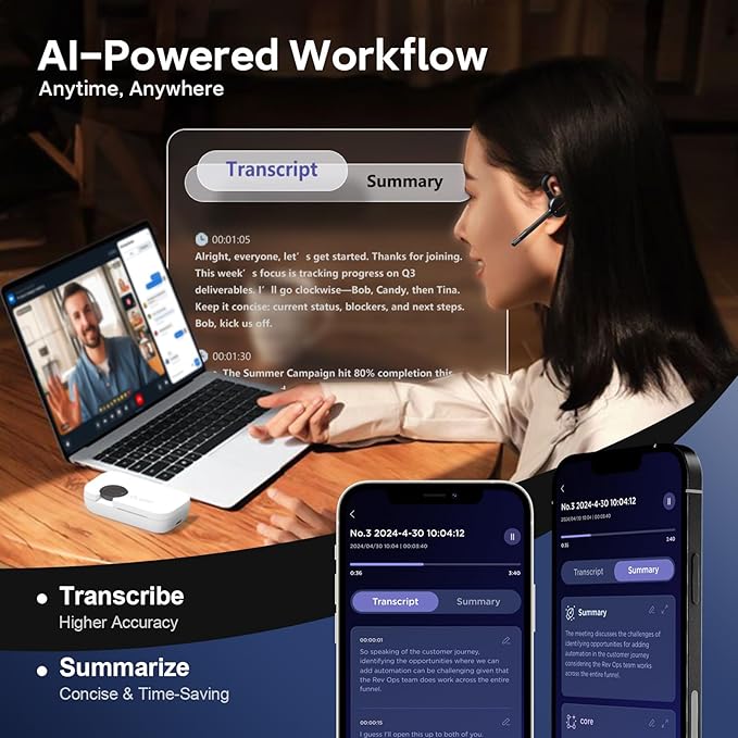 Archer AI Voice Recorder Earpiece, Wireless Single Ear Bluetooth Headset, Meeting Assistant with Transcription, AI Noise Canceling 50dB, AI Transcribe & Summarize with App for Office/Meeting/Driving